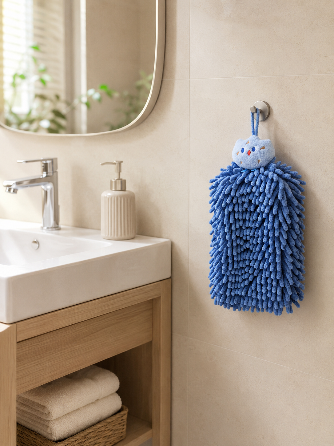 |Bathroom | Chenille Hanging Hand Towel – Ultra-Absorbent Quick-Dry Microfiber Towel with Loop | Blue |