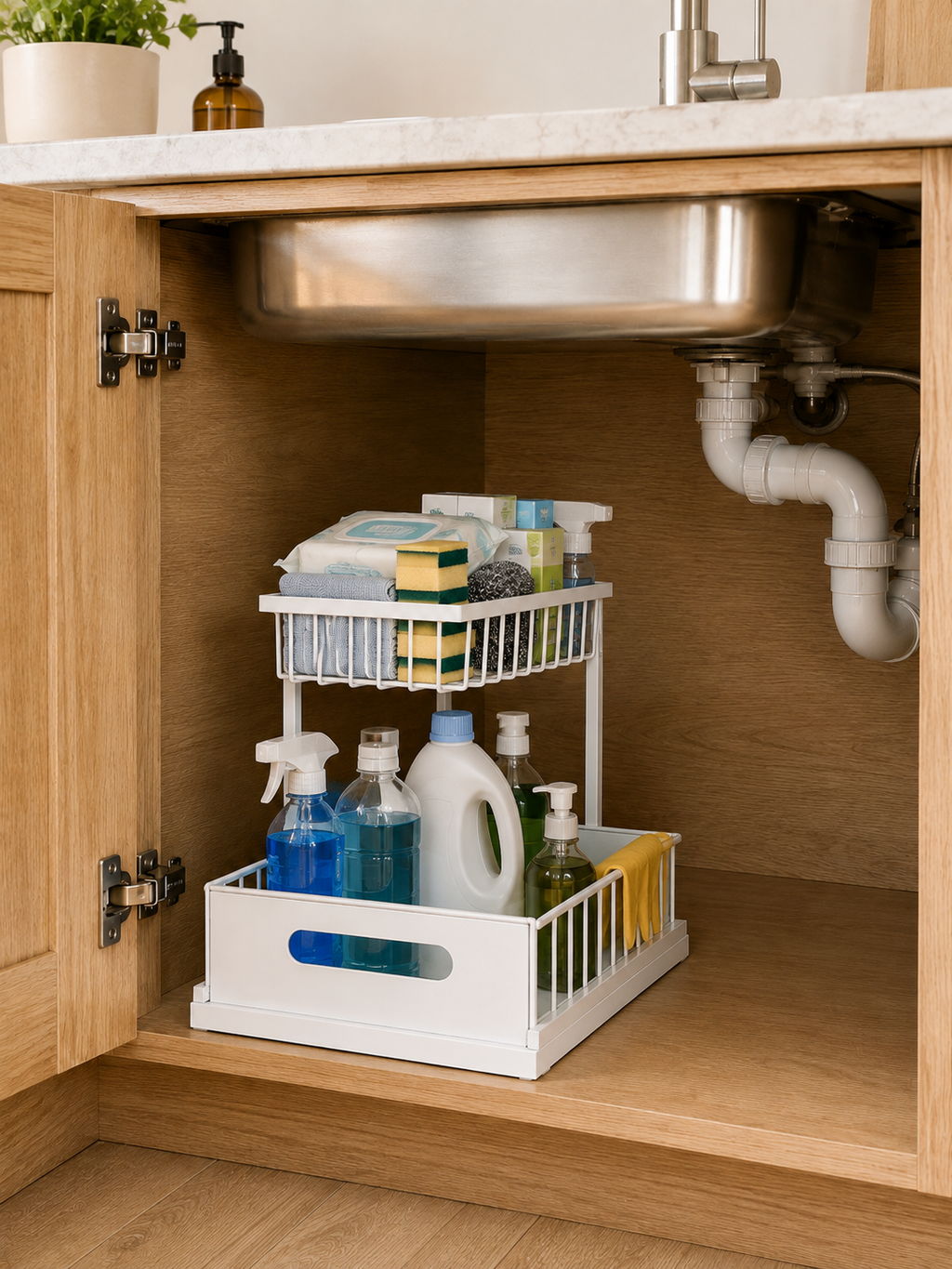 Kitchen & Bathroom  |  2-Tier Pull-Out Cabinet Organizer – No-Drill Sliding Under Sink Storage Drawer for Cleaning Supplies, Detergent & Spray Bottles | White