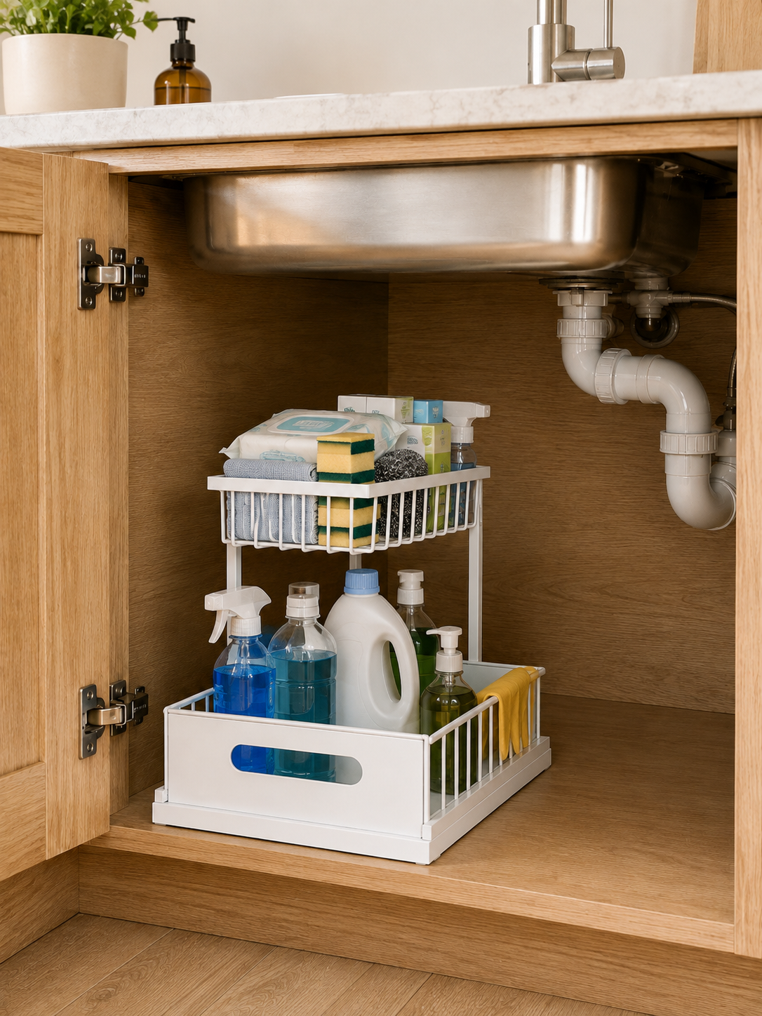 Kitchen & Bathroom  |  2-Tier Pull-Out Cabinet Organizer – No-Drill Sliding Under Sink Storage Drawer for Cleaning Supplies, Detergent & Spray Bottles | White