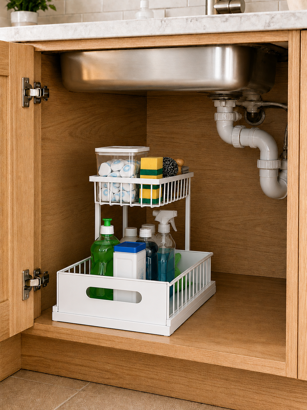 Kitchen & Bathroom  |  2-Tier Pull-Out Cabinet Organizer – No-Drill Sliding Under Sink Storage Drawer for Cleaning Supplies, Detergent & Spray Bottles | White