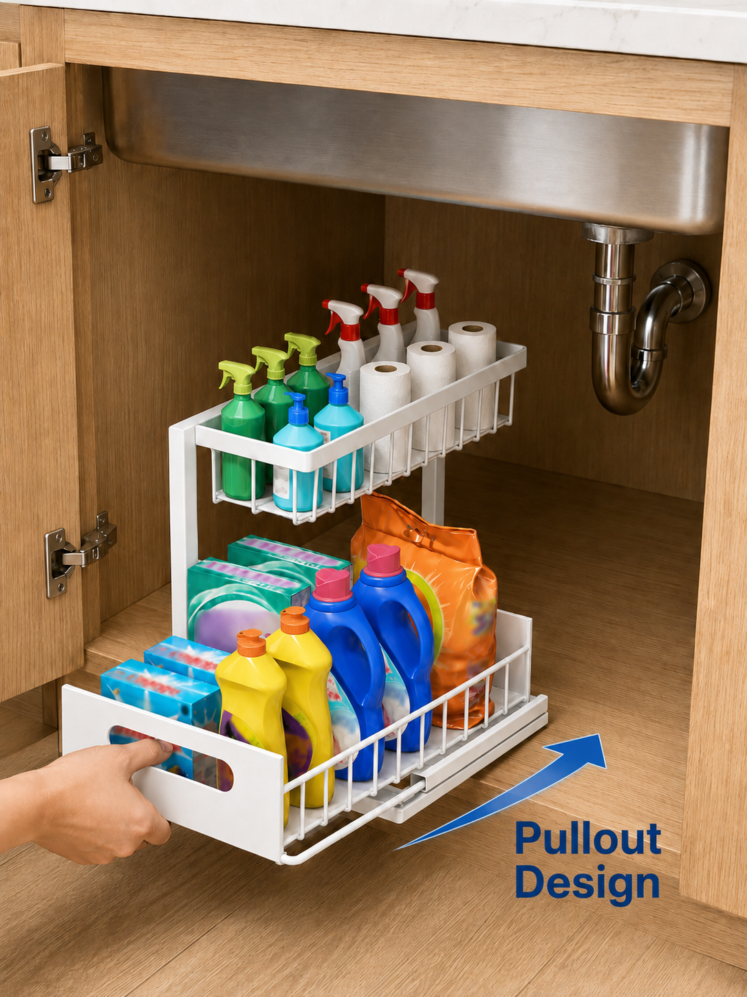 Kitchen & Bathroom  |  2-Tier Pull-Out Cabinet Organizer – No-Drill Sliding Under Sink Storage Drawer for Cleaning Supplies, Detergent & Spray Bottles | White