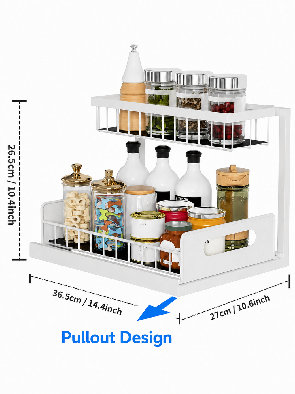 2-Tier Pull-Out Kitchen Counter Organizer – Sliding Rack for Snacks, Spices, Oils & Condiment Bottles | Countertop Storage | White