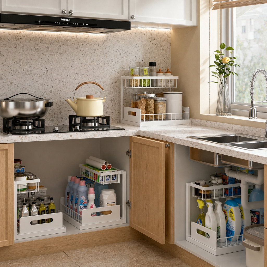 Kitchen & Bathroom  |  2-Tier Pull-Out Cabinet Organizer – No-Drill Sliding Under Sink Storage Drawer for Cleaning Supplies, Detergent & Spray Bottles | White