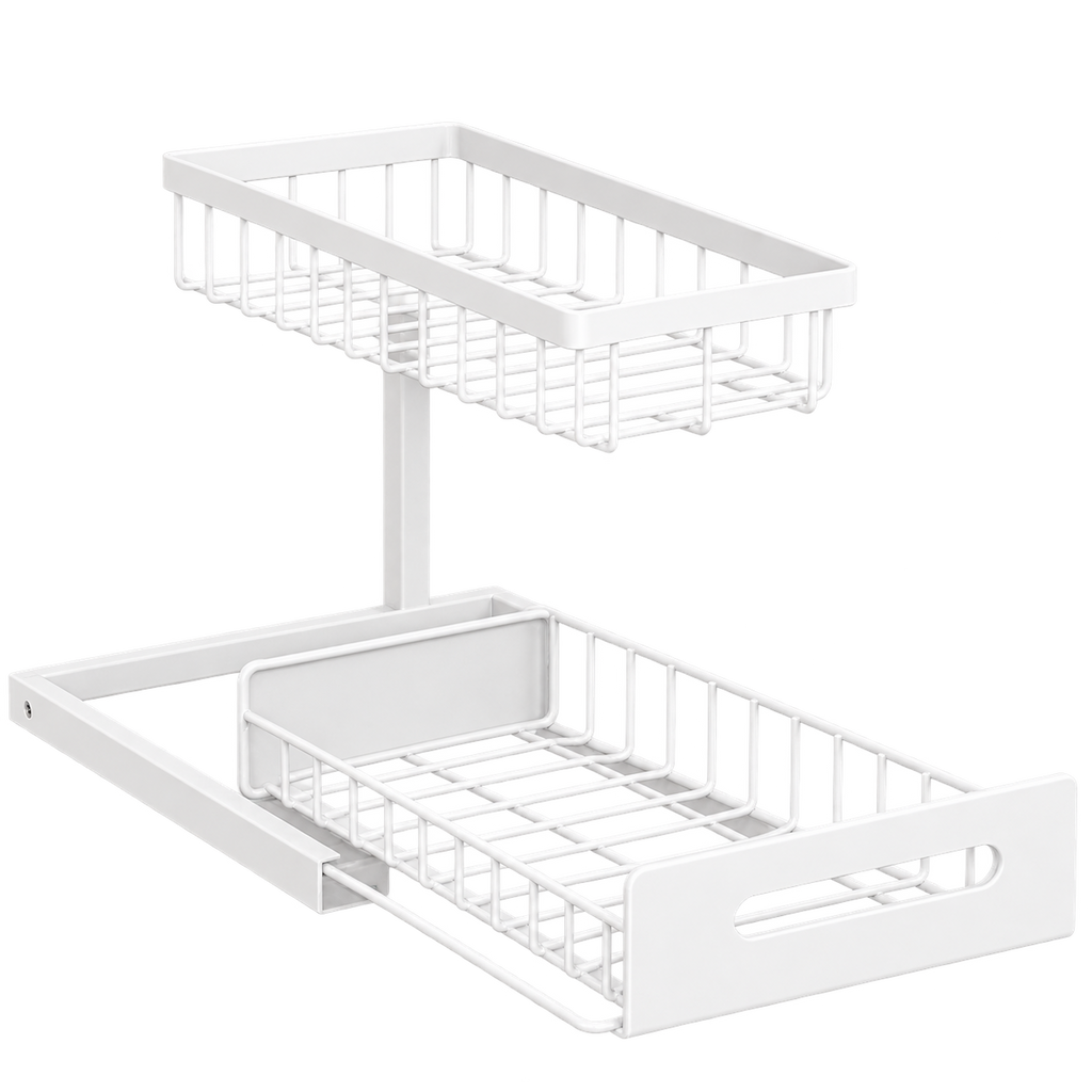 2-Tier Pull-Out Kitchen Counter Organizer – Sliding Rack for Snacks, Spices, Oils & Condiment Bottles | Countertop Storage | White