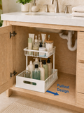 2-Tier Pull-Out Bathroom Vanity Organizer – No-Drill Sliding Under Sink Storage for Skincare, Beauty & Hair Products | White