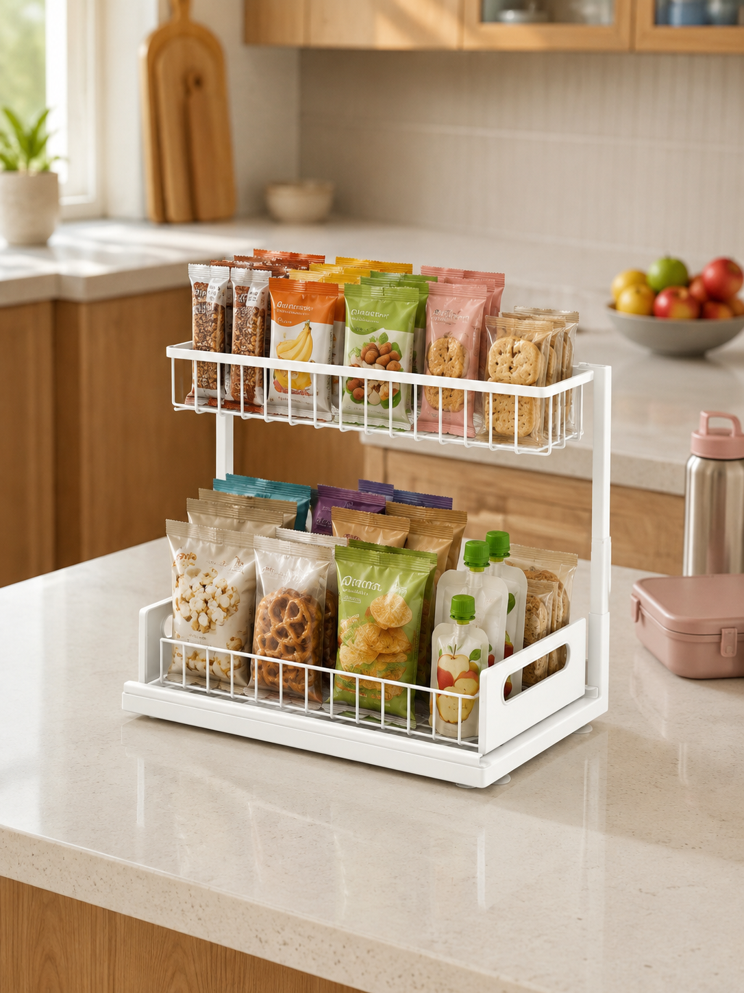 2-Tier Pull-Out Kitchen Counter Organizer – Sliding Rack for Snacks, Spices, Oils & Condiment Bottles | Countertop Storage | White