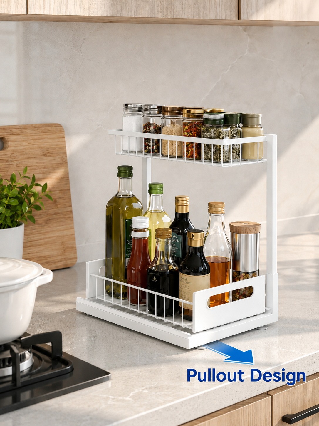 2-Tier Pull-Out Kitchen Counter Organizer – Sliding Rack for Snacks, Spices, Oils & Condiment Bottles | Countertop Storage | White