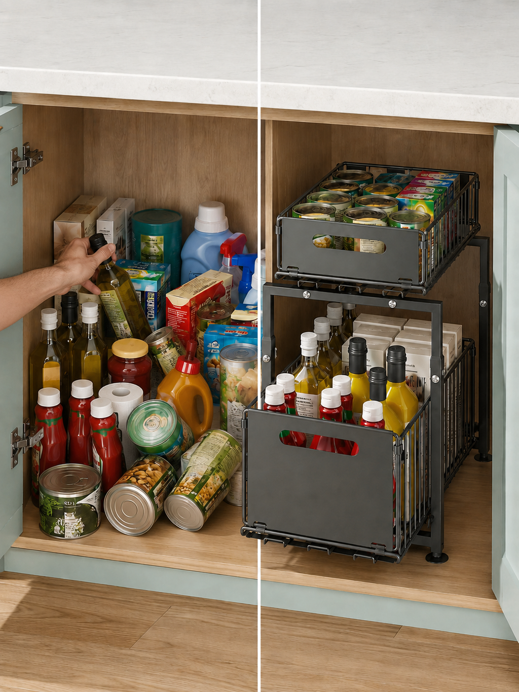 No drill 2-Tier Pull-Out Cabinet Organizer – Sliding Under Sink Storage Drawer | Kitchen, Bathroom  | Black