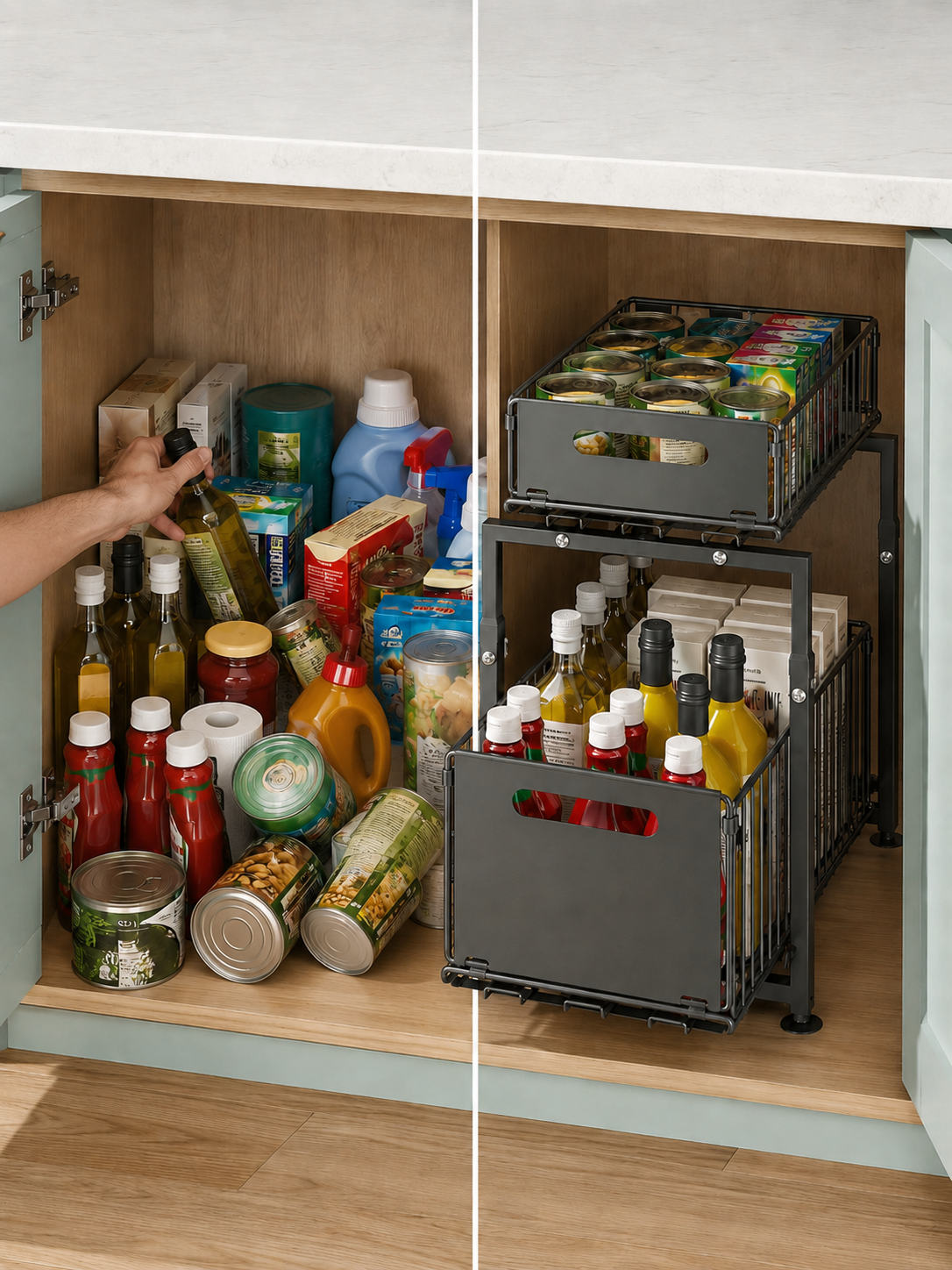 No drill 2-Tier Pull-Out Cabinet Organizer – Sliding Under Sink Storage Drawer | Kitchen, Bathroom  | Black