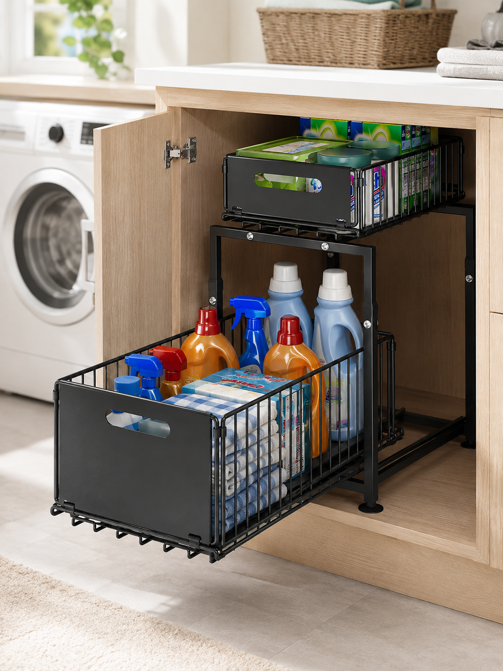 No drill 2-Tier Pull-Out Cabinet Organizer – Sliding Under Sink Storage Drawer | Kitchen, Bathroom  | Black
