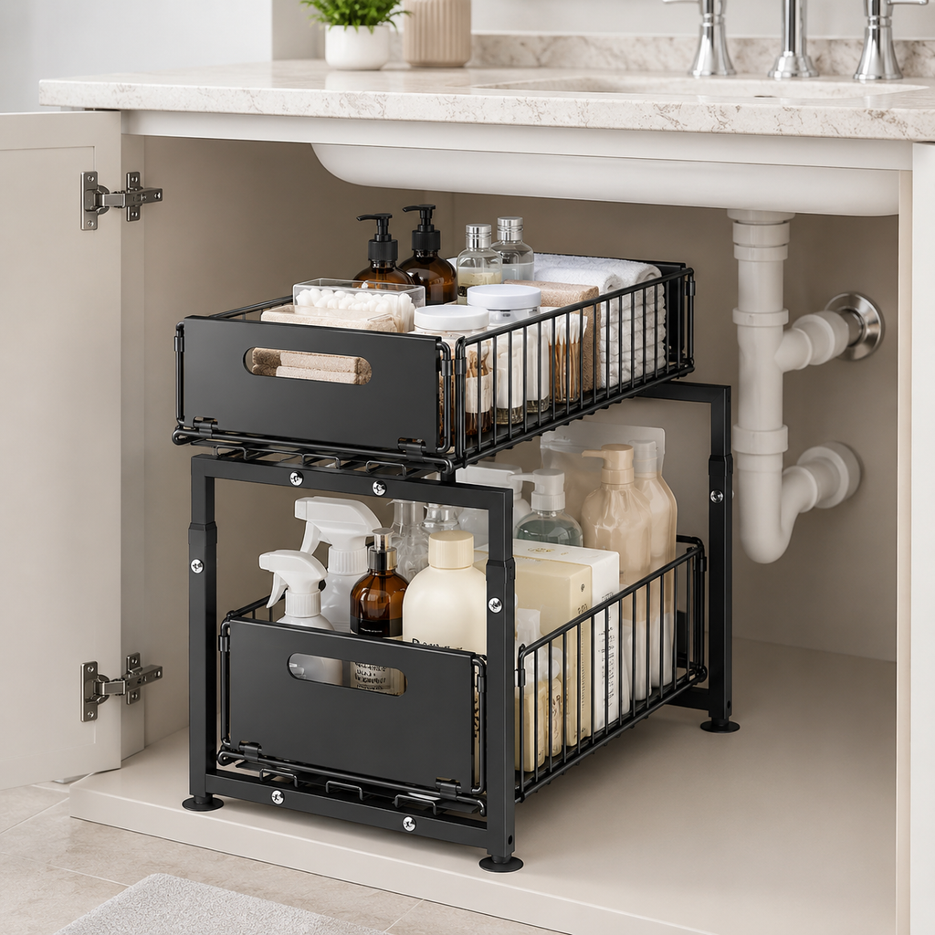 No drill 2-Tier Pull-Out Cabinet Organizer – Sliding Under Sink Storage Drawer | Kitchen, Bathroom  | Black