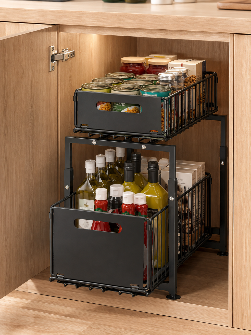 No drill 2-Tier Pull-Out Cabinet Organizer – Sliding Under Sink Storage Drawer |Bathroom & Kitchen  | Black