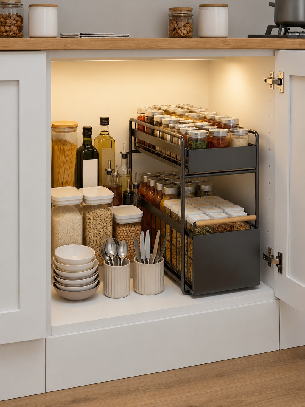 No drill 2-Tier Pull-Out Cabinet Organizer – Sliding Under Sink Storage Drawer | Kitchen, Bathroom & Bedroom | Black