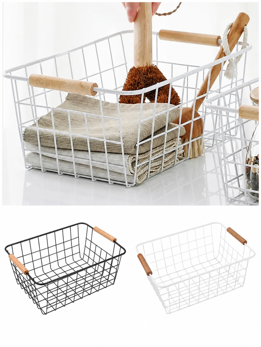 3-Pack Wire Metal Storage Basket – Iron Wire Rectangle Organizer with Wood Handle | Black or White