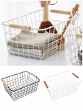 3-Pack Wire Metal Storage Basket – Iron Wire Rectangle Organizer with Wood Handle | Black or White