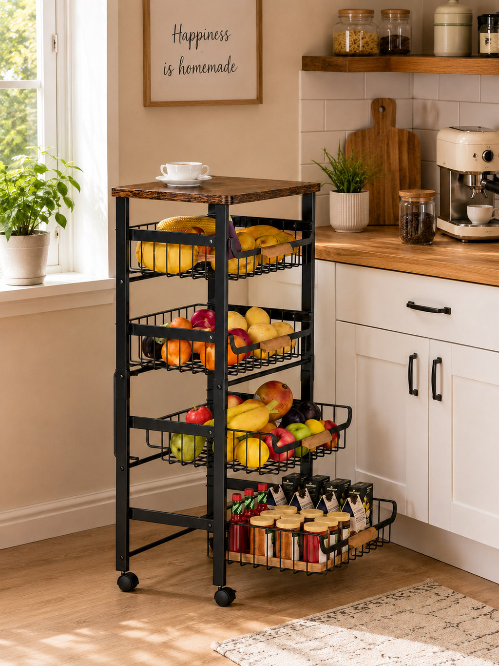 5-Tier Rolling Kitchen Cart with Wooden Top – Extendable Slide-Out Metal Mesh Baskets with Wheels for Kitchen & Pantry