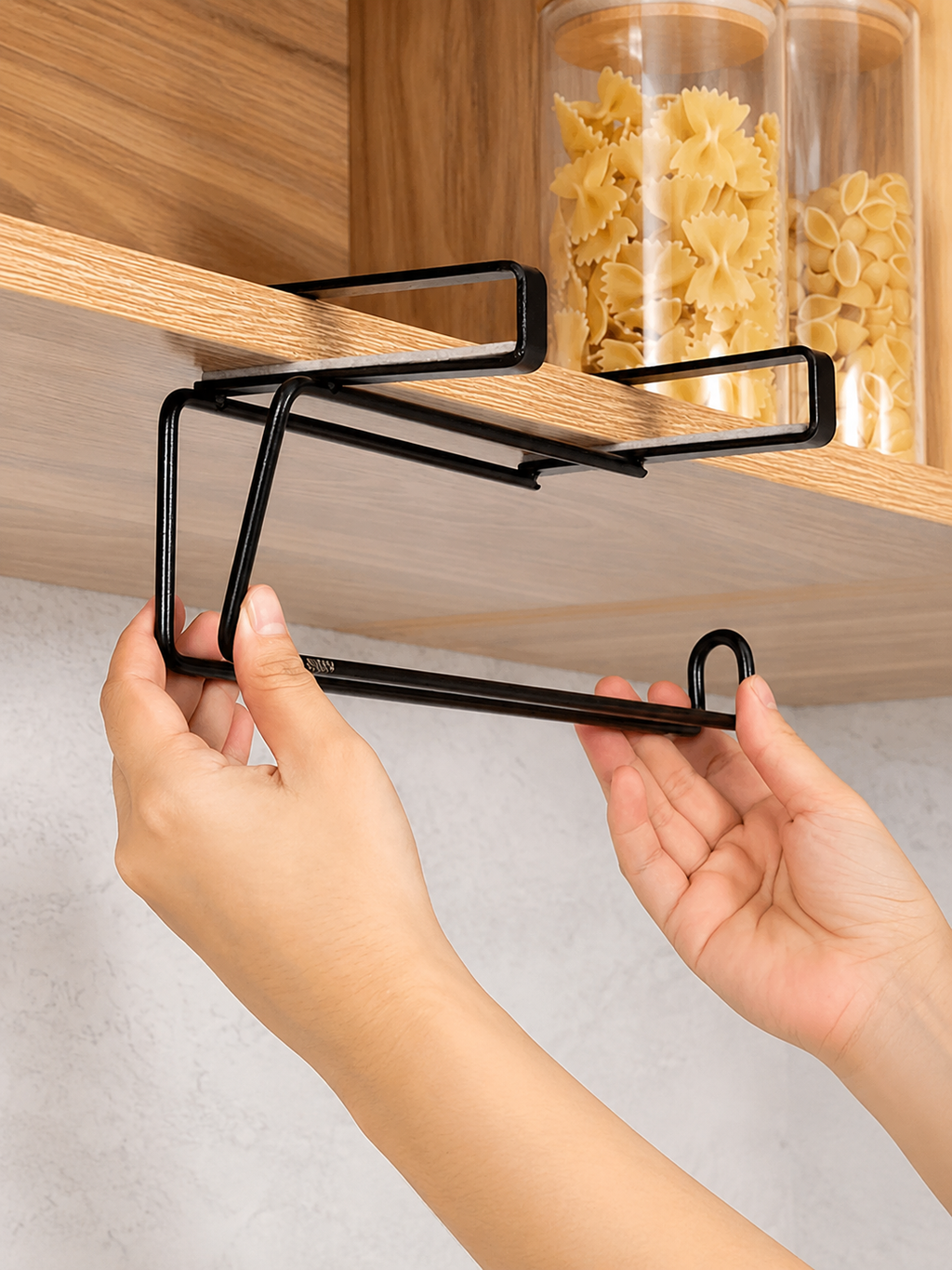 1 or 2 Piece | No Drill Under Cabinet Paper Towel Holder – No-Drill Hanging Kitchen Roll Organizer | Black