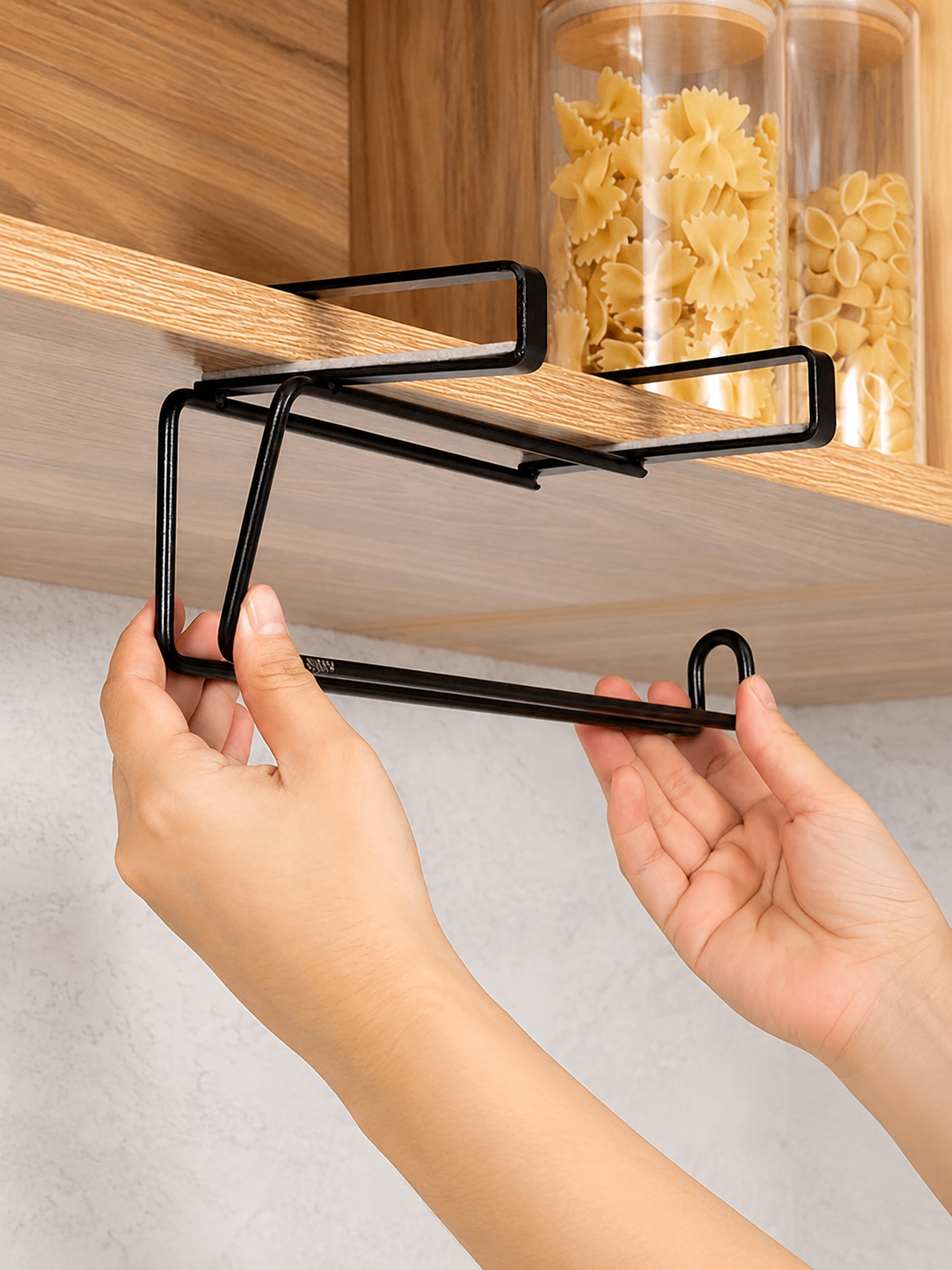 1 or 2 Piece | No Drill Under Cabinet Paper Towel Holder – No-Drill Hanging Kitchen Roll Organizer | Black