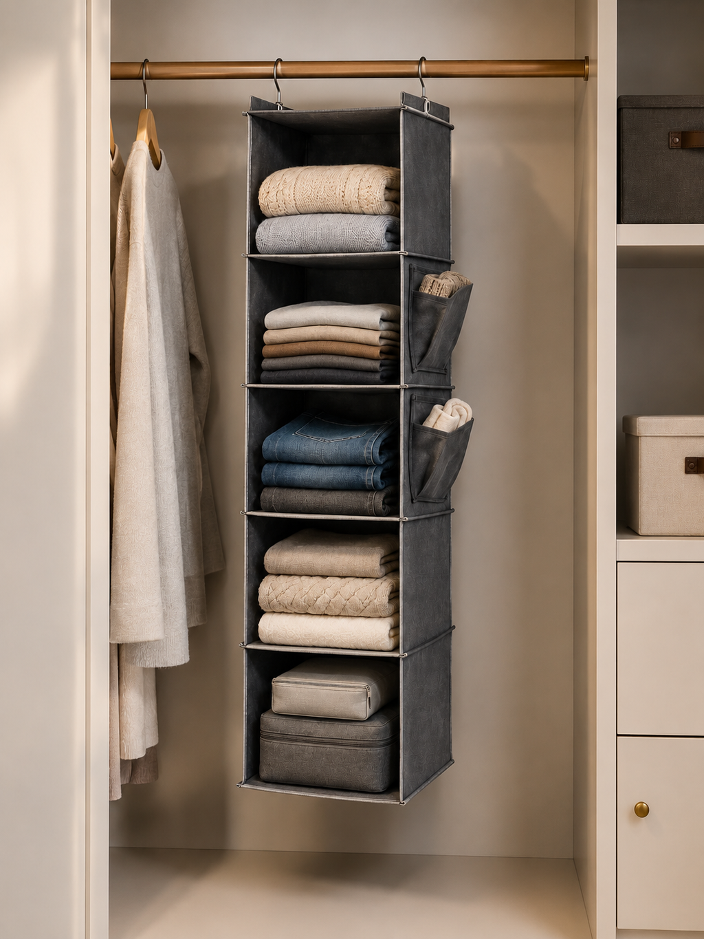 Hanging Closet Organizer with hooks – 5-Tier Foldable Wardrobe Storage Shelf |