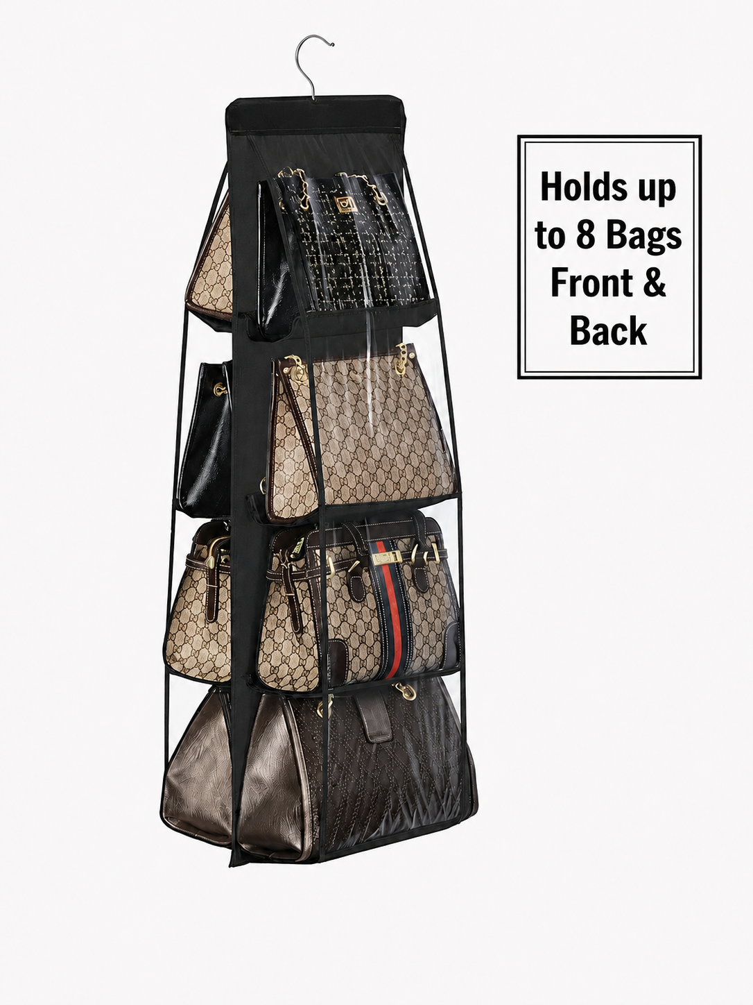 8-Pocket Handbag Hanging Organizer for Closet – Double-Sided 8-Pocket Purse Storage Hanger | Black
