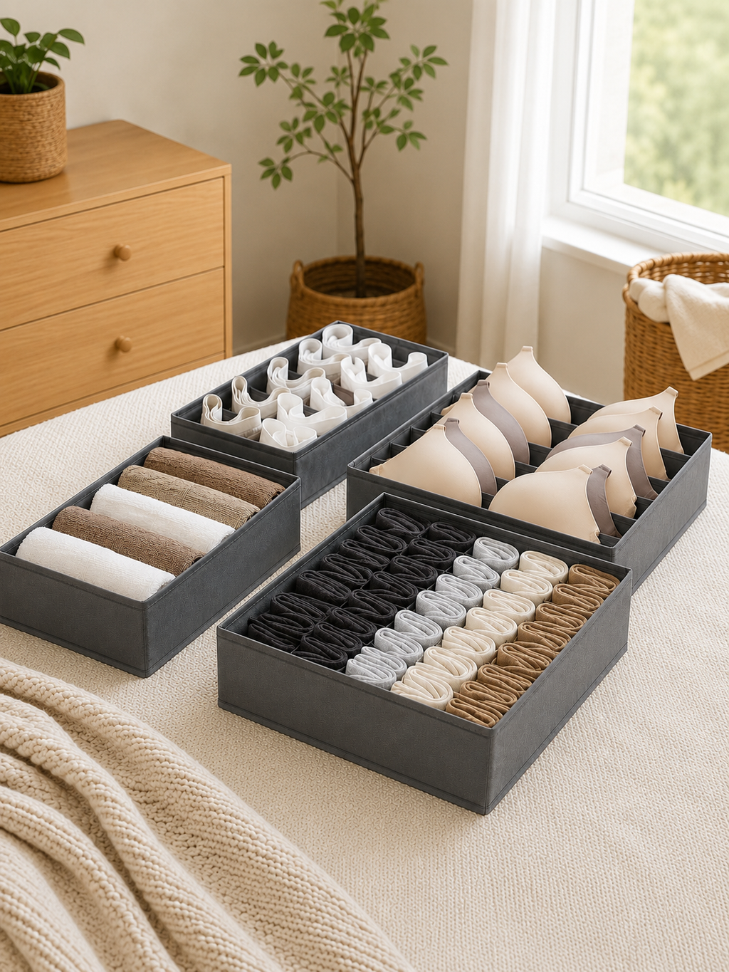 4-Pack Foldable Drawer Organizer Set – Fabric Closet Dividers for Clothes, Underwear & Socks | Grey