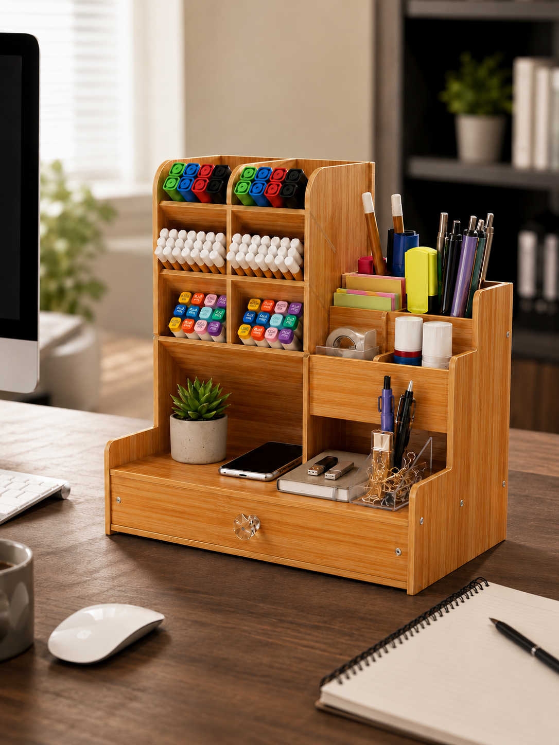 Multi -purpose Wooden Desk Organizer with Drawer – Multi-Compartment Pen Holder & Stationery Storage or vanity storage