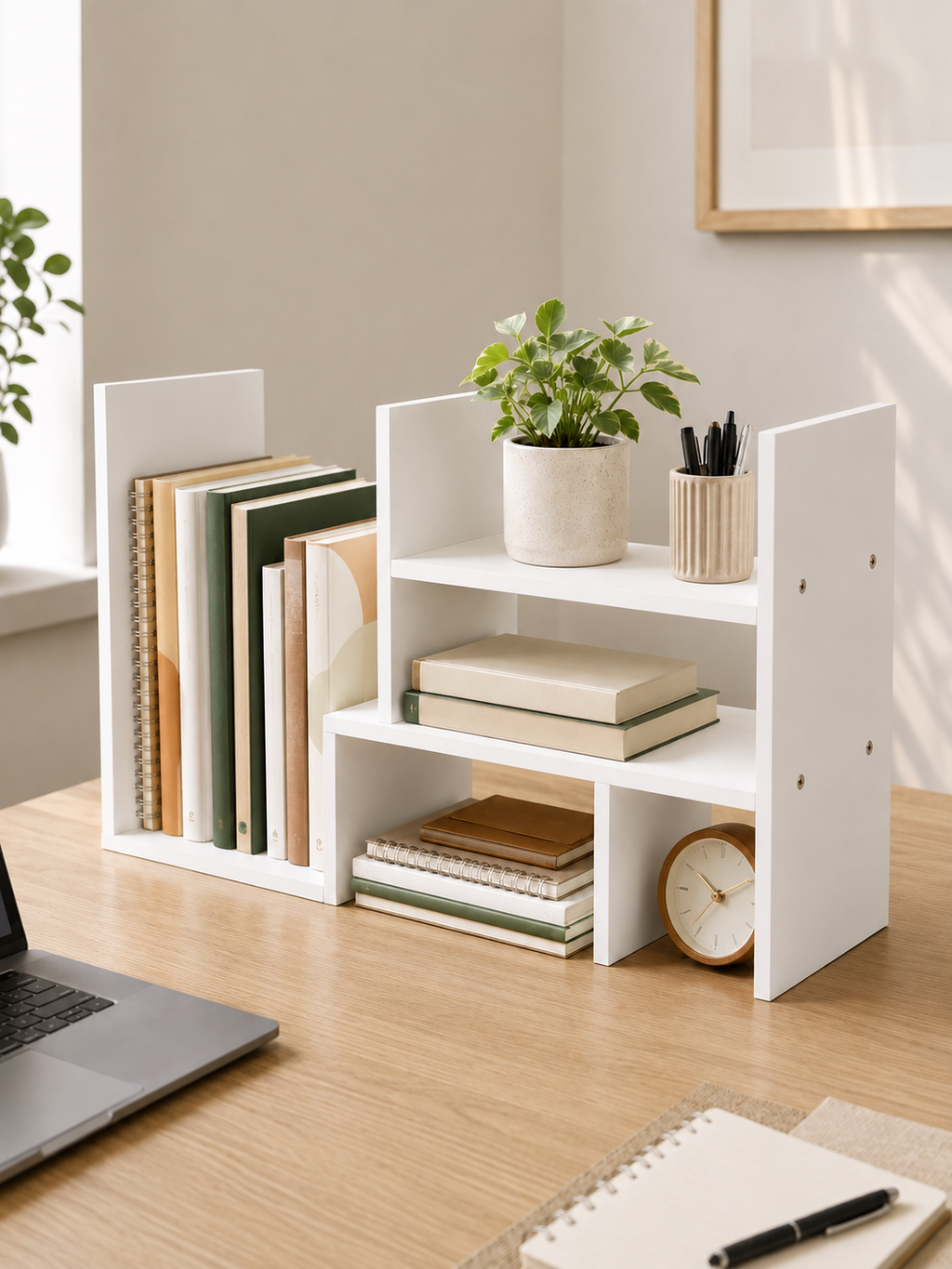 Adjustable Wooden Desktop Shelf Organizer – Office Desk Storage Rack & Small Bookshelf
