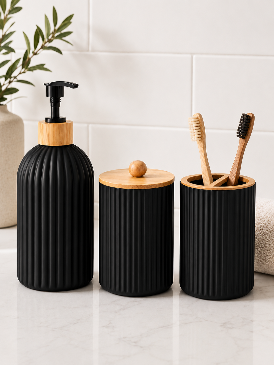 Bathroom Countertop Organizer Set – Soap Dispenser, Toothbrush Holder & Storage Containers
