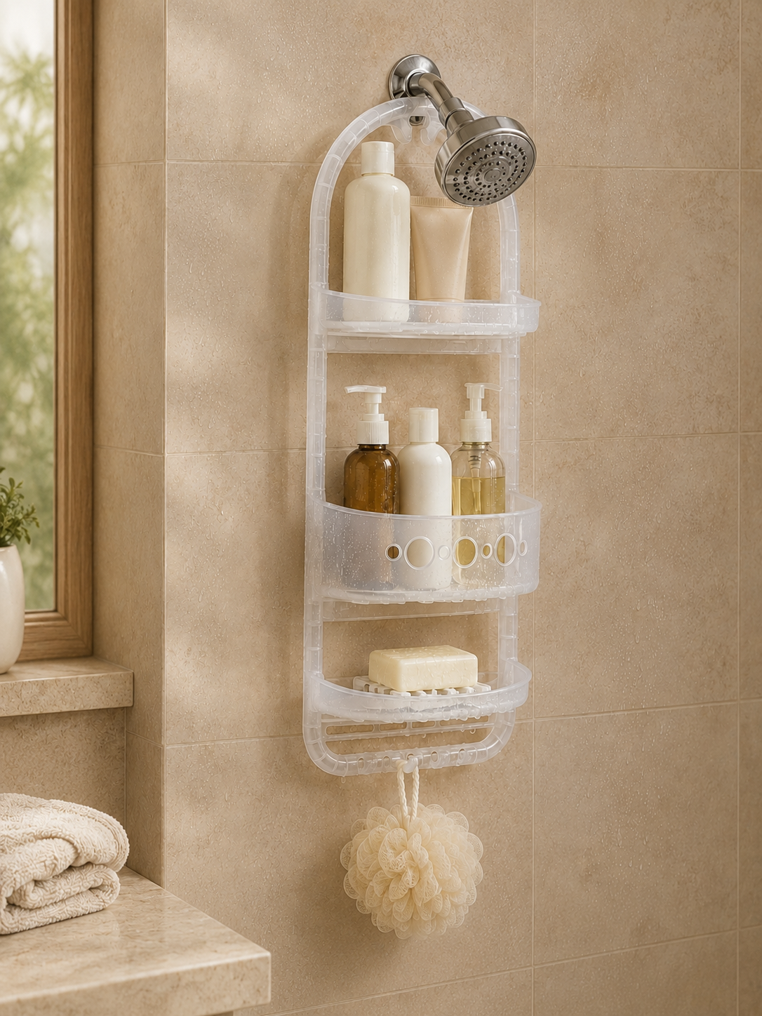 No drill –  Over the Shower Caddy Organizer – 3– Tier Showerhead Hanging Rack with Deep Basket & Hooks