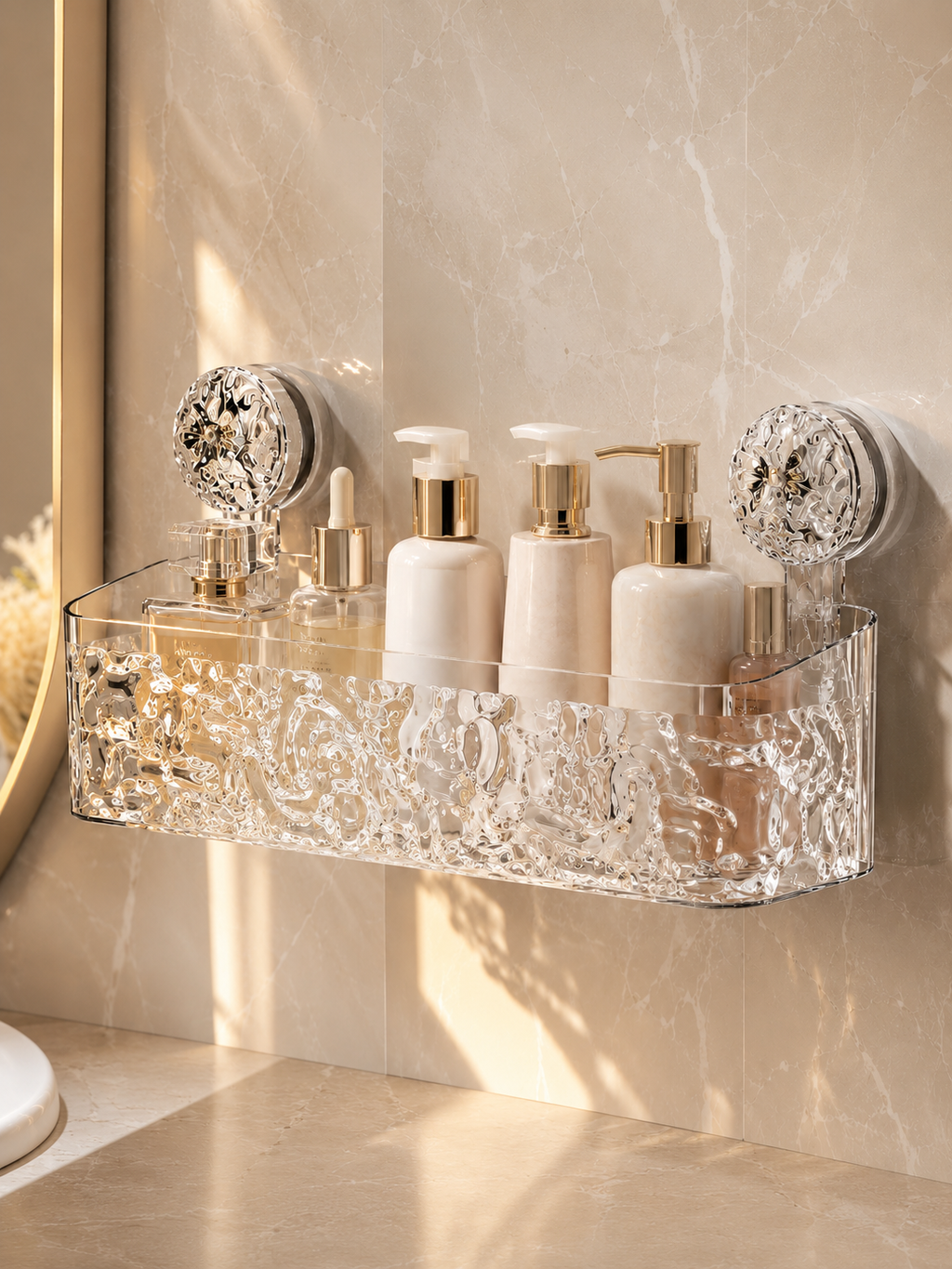 No drill-Adhesive Wall Mounted Bathroom Storage Basket – Suction Cup Shower Organizer Rack