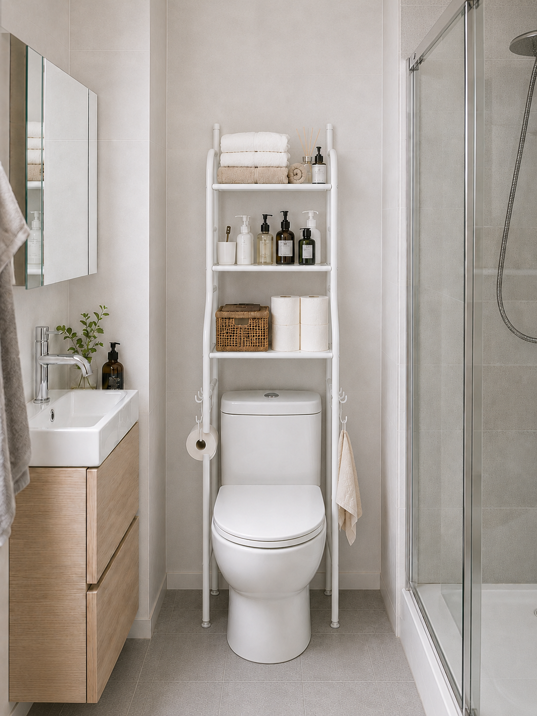 Metal Over-The-Toilet Storage Rack – 3-Tier Metal Bathroom Organizer with Removable Towel Hooks