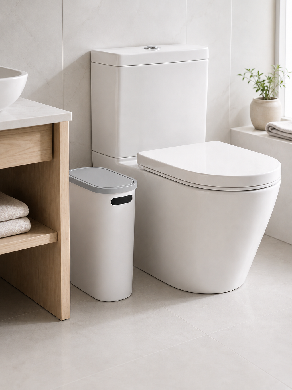 Slim Bathroom Trash Can with Lid – Modern Space-Saving Waste Bin
