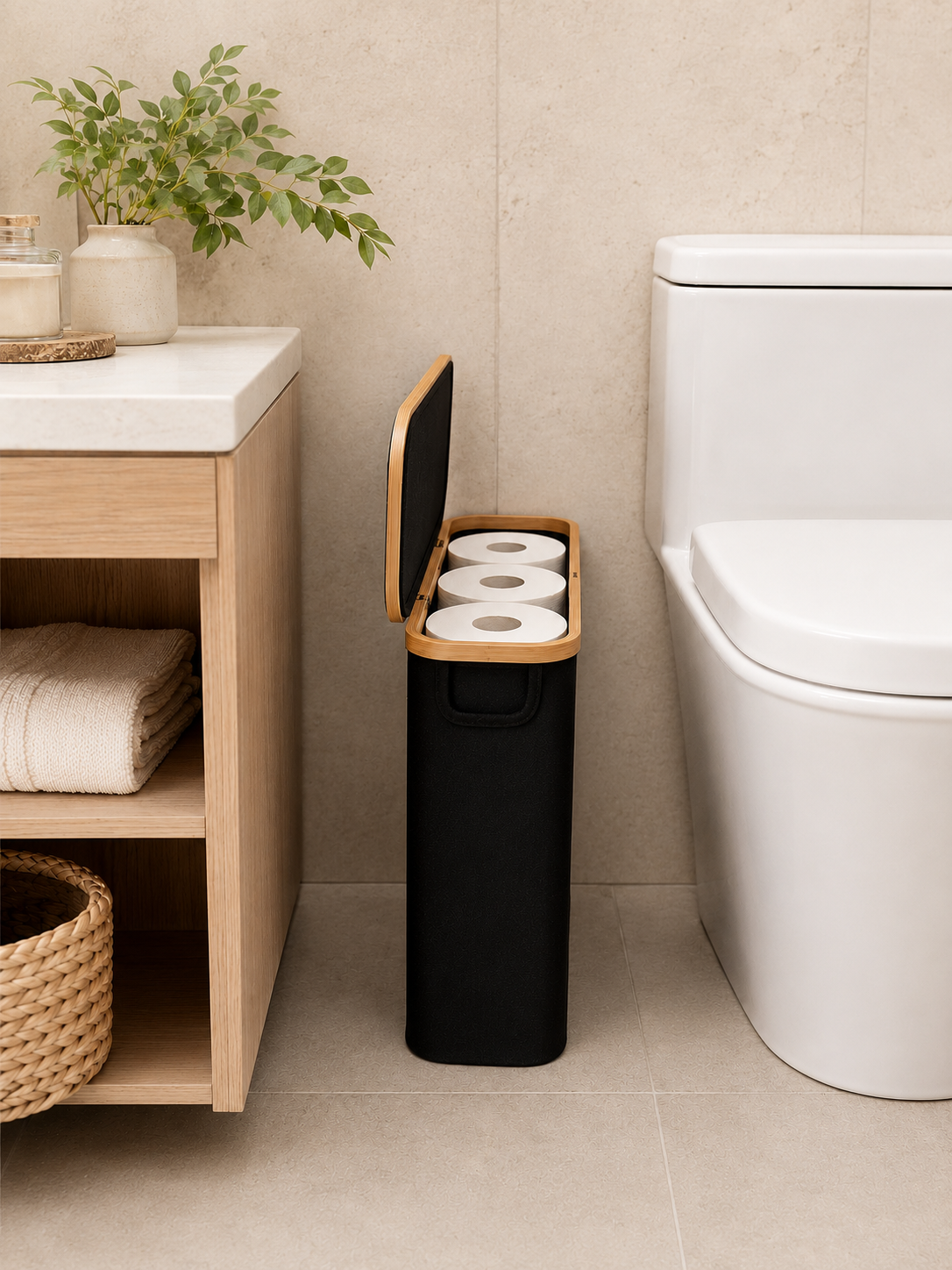 28L Toilet Paper Storage Basket with Bamboo Lid – Large Collapsible Bathroom Organizer