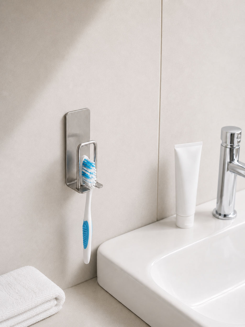 1 or 2 Piece | No Drill-- Adhesive Wall Mounted Toothbrush Holder – No-Drill Stainless Steel Bathroom Organizer | Silver