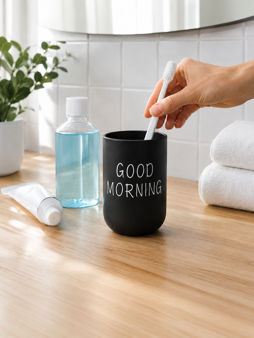 Good Morning Bathroom Cup – Toothbrush Holder & Mouthwash Rinse Cup