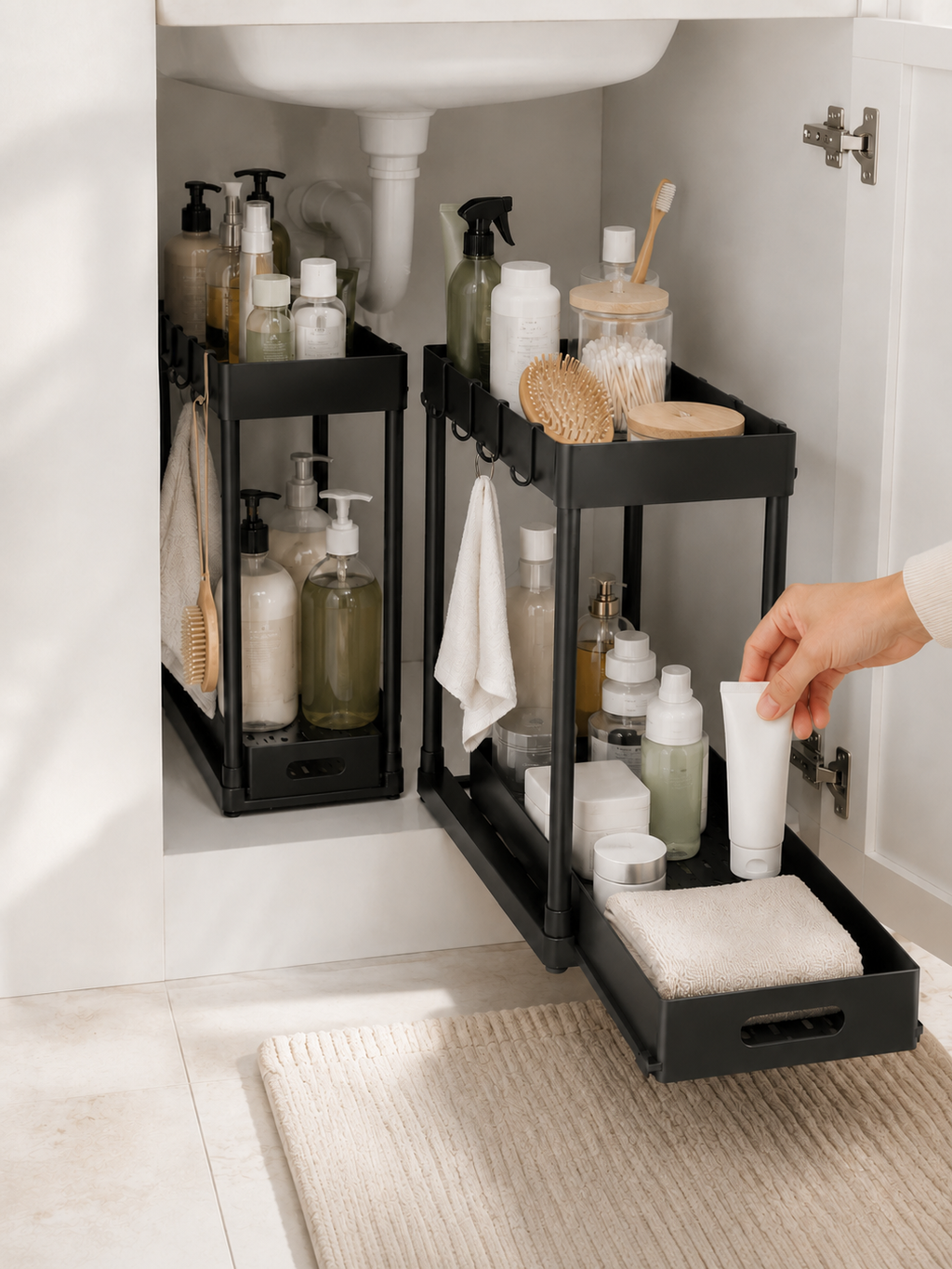 No drill Pull-Out Under Sink Storage Organizer – Sliding Two-Tier Cabinet Organizer for Kitchen & Bathroom | Black