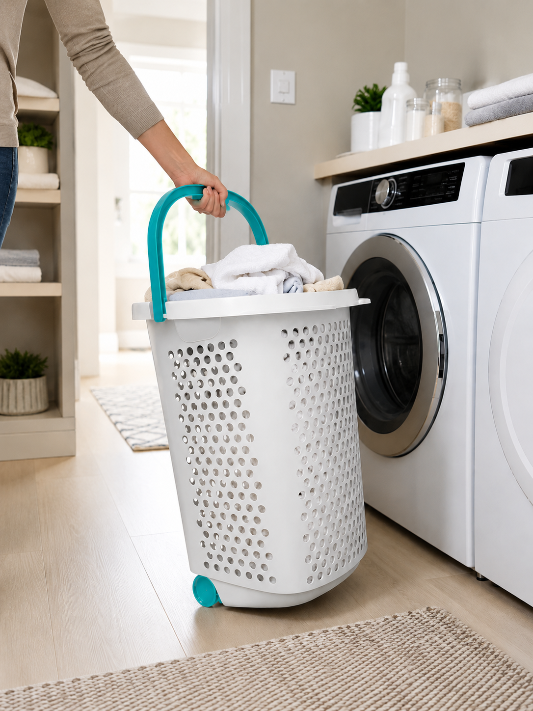 Rolling Laundry Hamper with Wheels – 2-Bushel Plastic Laundry Basket with Pop-Up Handle