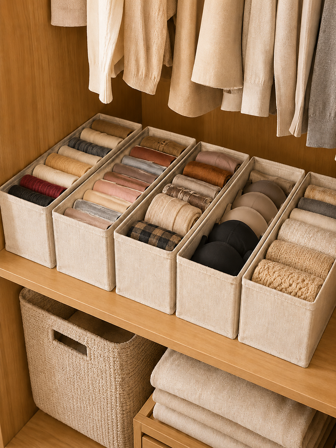 3 Pack - Drawer Wardrobe Storage Organizer – Open-  Boxes for Scarves, Socks & Small Foldable Items | Beige