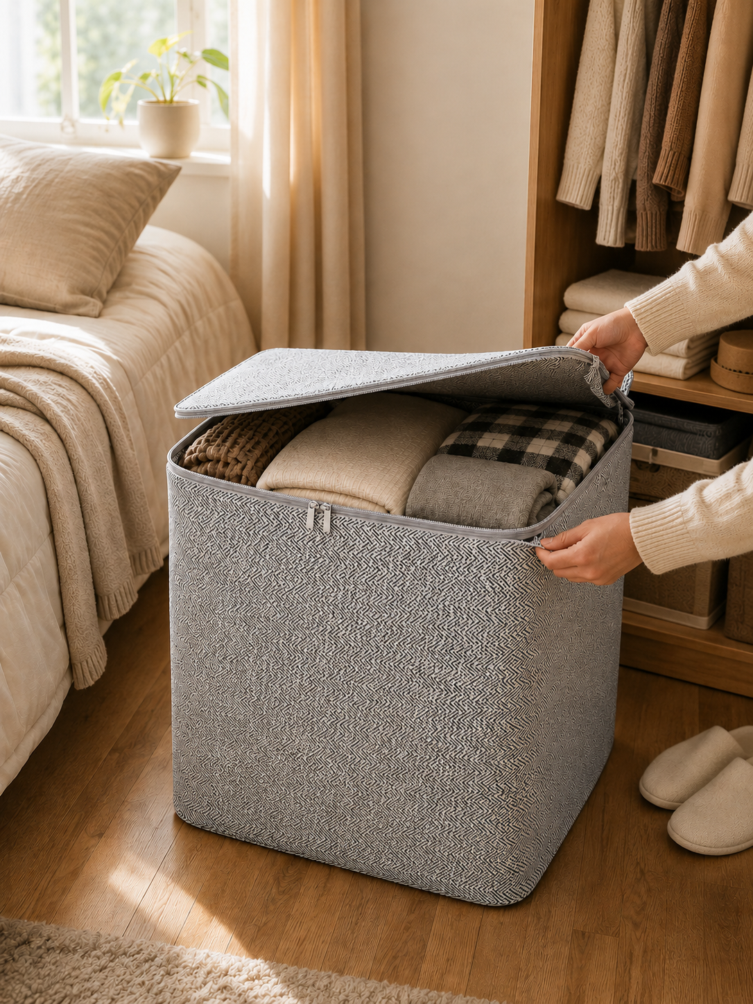 1 / 2 / 3 Piece  | Large Cube Storage Box with Zipper Lid – L Stackable Foldable Fabric Organizer with Handles
