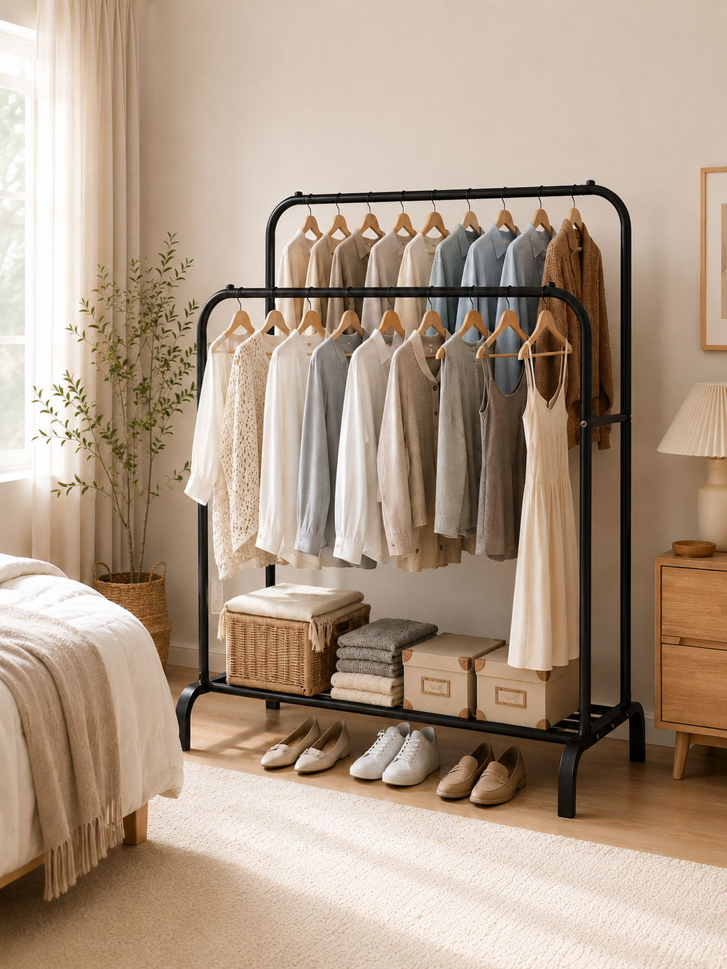 Double Rod closet Rack for Clothes with Shelves – Freestanding Metal Garment Rack Organizer