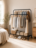 Double Rod closet Rack for Clothes with Shelves – Freestanding Metal Garment Rack Organizer