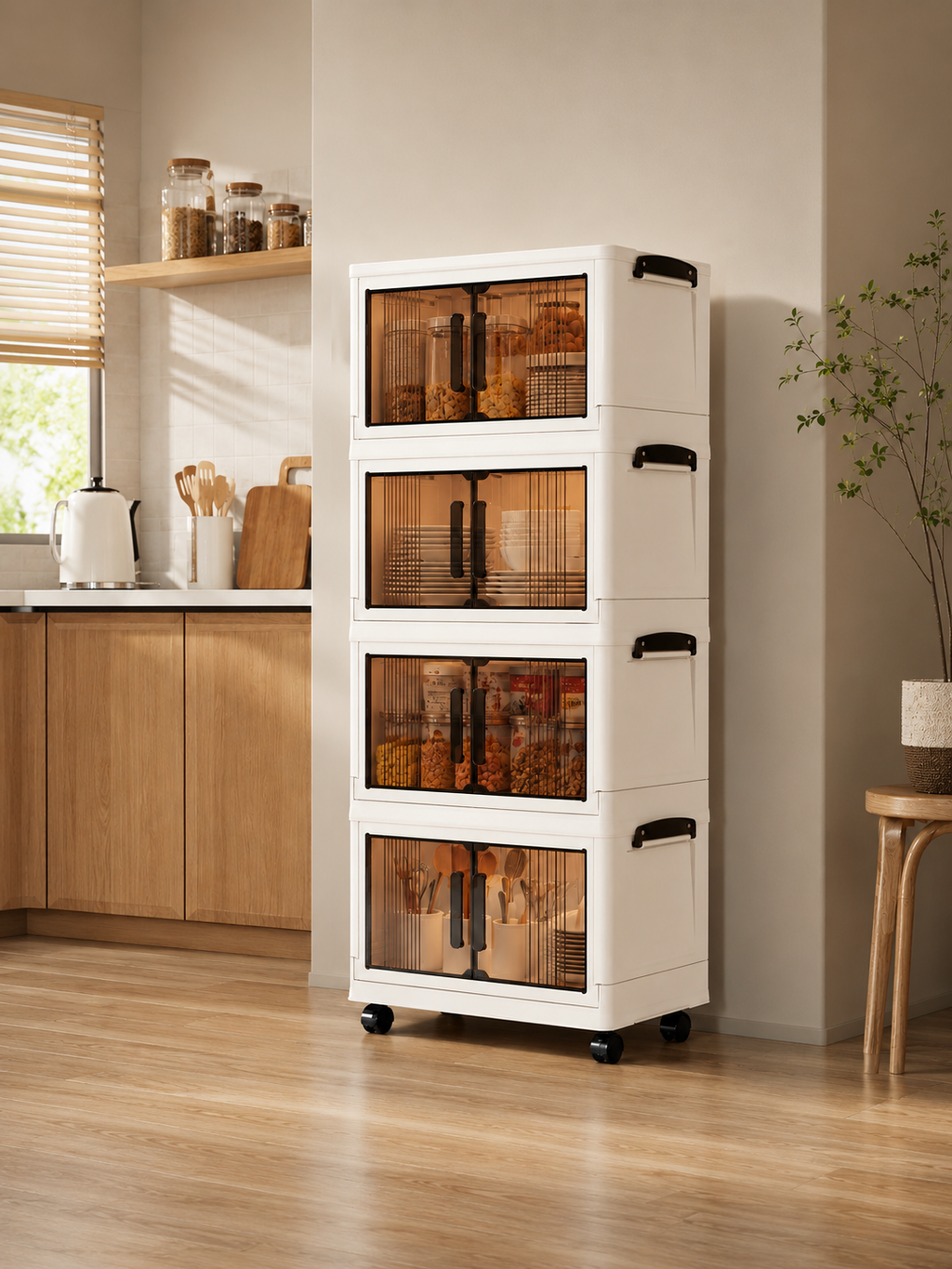 4-Tier Folding Storage Cabinet with Lid – Stackable Wheeled Plastic Organizer for Bedroom, Kitchen & Office