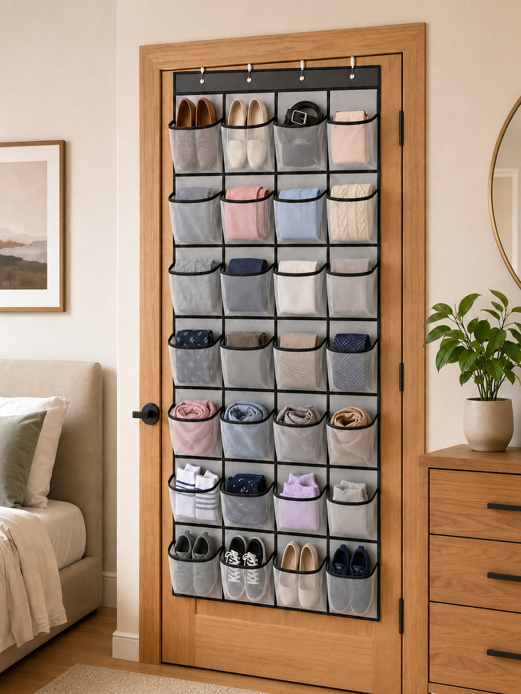 24-Grid Hanging Door Organizer with Pockets – Foldable Storage for Shoes, Underwear & Accessories | White, Black, Gray