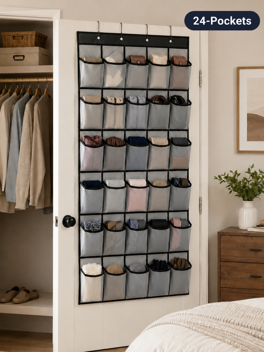 24-Grid Hanging Door Organizer with Pockets – Foldable Storage for Shoes, Underwear & Accessories | White, Black, Gray