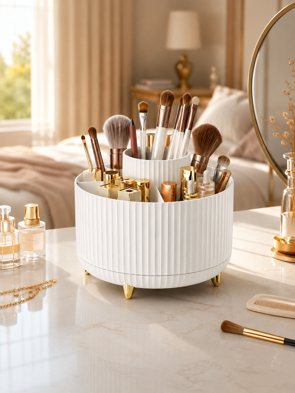 360° Rotating Makeup Organizer – 5-Compartment Cosmetic Storage for Brushes, Skincare & Beauty