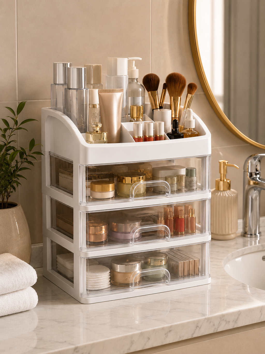 Multi-Layer Makeup Organizer with Drawers – 4-Tier Desktop Cosmetic Storage Box | White