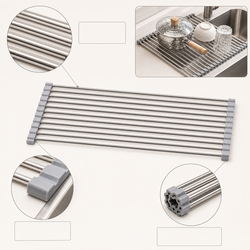 Roll-Up Over Sink Dish Drying Rack – Foldable Stainless Steel Sink Drainer | Anti-Rust | Heat Resistant