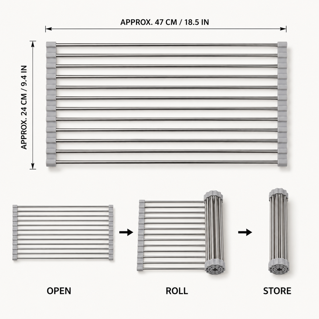 Roll-Up Over Sink Dish Drying Rack – Foldable Stainless Steel Sink Drainer | Anti-Rust | Heat Resistant