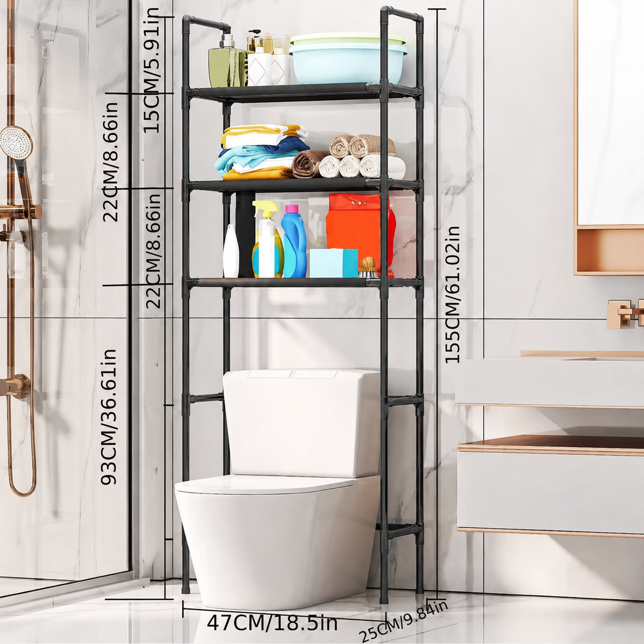 View of Metal Over-The-Toilet Storage Rack – 3-Tier Metal Bathroom Organizer