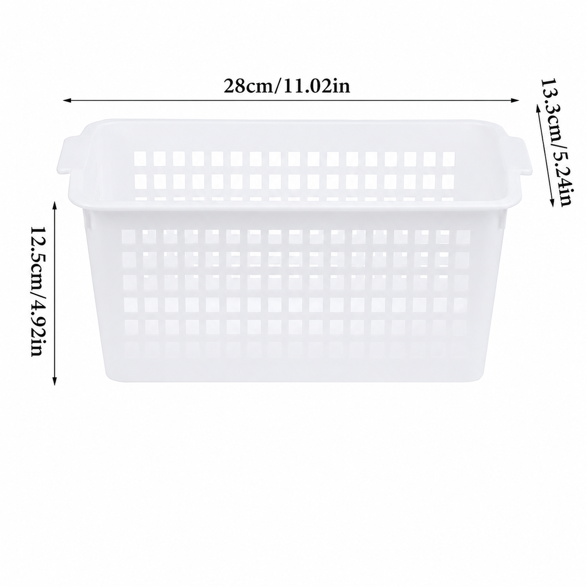 White ventilated basket dimension diagram - 28cm length 13.3cm width 12.5cm height with imperial measurements 11.02in x 5.24in x 4.92in on white background